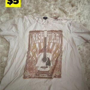 Dry Goods White Graphic Tee with Beige and Brown Guitar Print